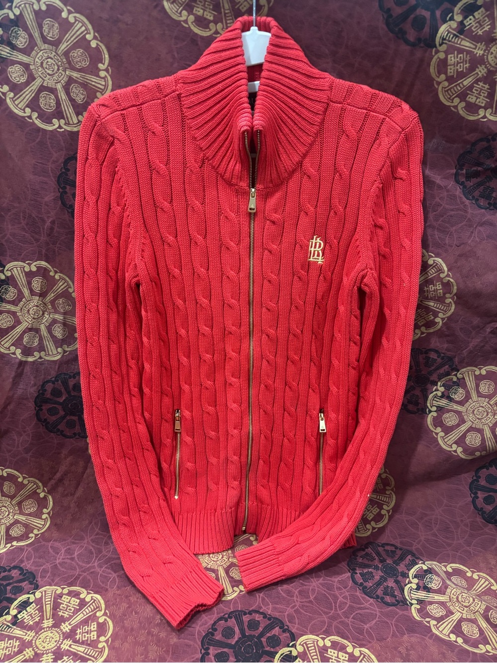 Ralph Lauren Red Cable Knit Zip-Up Turtleneck Sweater